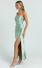Glenda Midi Dress - Satin Strapless Side Split Dress in Sage
