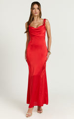 Grace Maxi Dress - Cowl Neck Satin Slip Dress in Coral Red