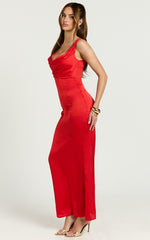 Grace Maxi Dress - Cowl Neck Satin Slip Dress in Coral Red