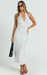 Grayson Midi Dress - Tie Halter Neck Slip Dress in White / Black