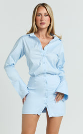 Gretel Mini Dress - Collared Button Front Relaxed Shirt Fitted Skirt Dress in Pale Blue