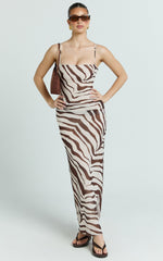 Gwendolyn Maxi Dress - Zebra Bias Spaghetti Strap Dress in Choc Zebra