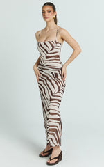 Gwendolyn Maxi Dress - Zebra Bias Spaghetti Strap Dress in Choc Zebra