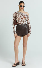 Gwendolyn Top - Zebra Sheer One Shoulder Long Sleeve Top in Dark Brown