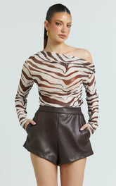 Gwendolyn Top - Zebra Sheer One Shoulder Long Sleeve Top in Dark Brown