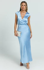 Hailey Maxi Dress - Cap Sleeve V Neck Dress in Blue