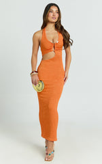 Halle Maxi Dress - Halterneck Cutout Fitted Jersey Dress with Hardware Detail in Orange