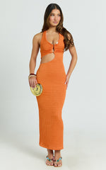 Halle Maxi Dress - Halterneck Cutout Fitted Jersey Dress with Hardware Detail in Orange