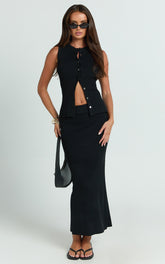 Halle Midi Skirt - High Waist Bodycon Knit Midi Skirt in Black