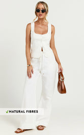 Hamilton Linen Blend Pants - Straight Elasticated Mid Waist Pants in White