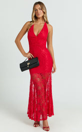 Hance Midi Dress - neck Lace Open Back Dress in Red