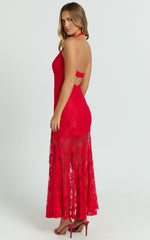 Hance Midi Dress - neck Lace Open Back Dress in Red