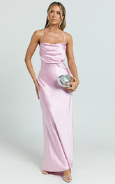 Hanna Maxi Dress - Satin Cowl Neck Low Back Dress in Pink
