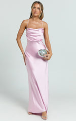 Hanna Maxi Dress - Satin Cowl Neck Low Back Dress in Pink