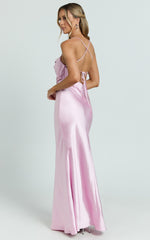 Hanna Maxi Dress - Satin Cowl Neck Low Back Dress in Pink