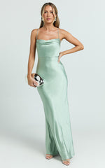 Hanna Maxi Dress - Satin Cowl Neck Low Back Dress in Sage