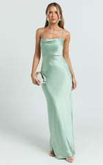 Hanna Maxi Dress - Satin Cowl Neck Low Back Dress in Sage
