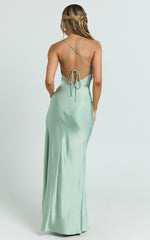 Hanna Maxi Dress - Satin Cowl Neck Low Back Dress in Sage