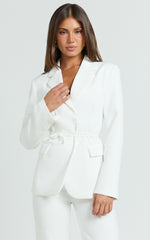 Harlee Blazer - Belted Cinch Waist Blazer in White