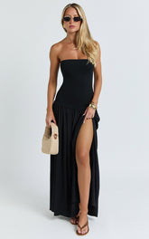Harlee Maxi Dress - Strapless Drop Waist Knit Bodice Full Gathered Skirt Dress in Black