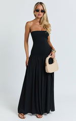 Harlee Maxi Dress - Strapless Drop Waist Knit Bodice Full Gathered Skirt Dress in Black