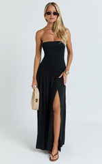 Harlee Maxi Dress - Strapless Drop Waist Knit Bodice Full Gathered Skirt Dress in Black