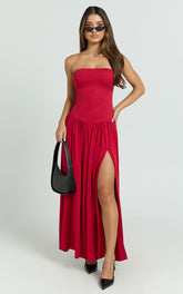 Harlee Maxi Dress - Strapless Drop Waist Knit Bodice Full Gathered Skirt Dress in Red
