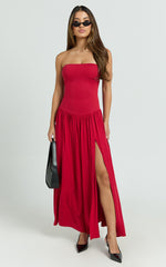 Harlee Maxi Dress - Strapless Drop Waist Knit Bodice Full Gathered Skirt Dress in Red