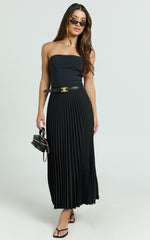 Harlee Midi Skirt - Pleated High Waist A Line Skirt in Black