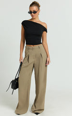 Harlee Pants - Mid Waist Pleated Wide Leg Pants in Olive