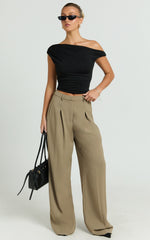Harlee Pants - Mid Waist Pleated Wide Leg Pants in Olive