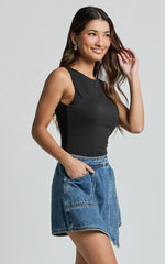 Harleigh Skort - Pocket Detail Wrap Denim Skort in Dark Blue Wash