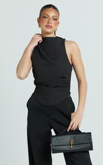 Harlene Top - Draped Tucked Neck Sleeveless Top in Black
