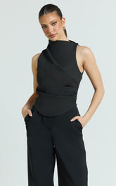 Harlene Top - Draped Tucked Neck Sleeveless Top in Black