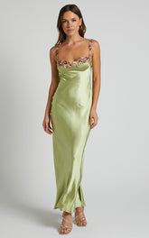 Harmony Midi Dress - Floral Detail Cup Bust Satin Dress in Citrus