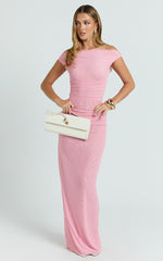 Harrison Maxi Dress - Off Shoulder Ruche Wide Waistband Long Skirt Mesh Dress in Pink