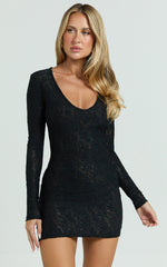 Harvey Mini Dress - Stretch Lace Scoop Neck Long Sleeve Bodycon Dress in Black