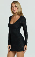 Harvey Mini Dress - Stretch Lace Scoop Neck Long Sleeve Bodycon Dress in Black