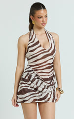 Hattie Mini Dress - Scoop Halter Neck Drape Front Dress in Chocolate