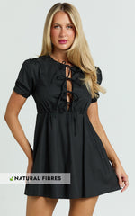 Hattie Mini Dress - Tie Front Puff Sleeve Dress in Black