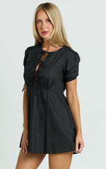 Hattie Mini Dress - Tie Front Puff Sleeve Dress in Black