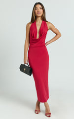 Hawkins Midi Dress - Low Cowl Halter Neck Bodycon Dress in Red