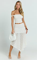 Hayden Midi Skirt - Low Waisted Asymmetrical Lace Midi Skirt in White
