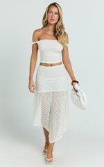 Hayden Midi Skirt - Low Waisted Asymmetrical Lace Midi Skirt in White