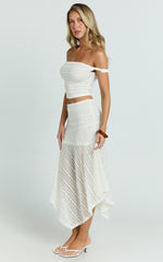 Hayden Midi Skirt - Low Waisted Asymmetrical Lace Midi Skirt in White
