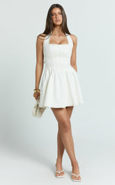 Hayes Mini Dress - Halter Neck Corset Bodice Dress in Cream Contrast Stitch