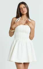 Hayes Mini Dress - Halter Neck Corset Bodice Dress in Cream Contrast Stitch