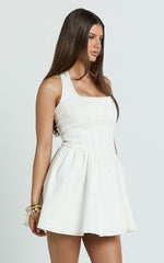 Hayes Mini Dress - Halter Neck Corset Bodice Dress in Cream Contrast Stitch