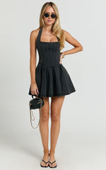 Hayes Mini Dress - Halter Neck Corset Bodice Dress in Washed Black