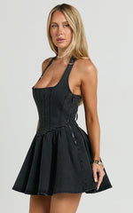 Hayes Mini Dress - Halter Neck Corset Bodice Dress in Washed Black